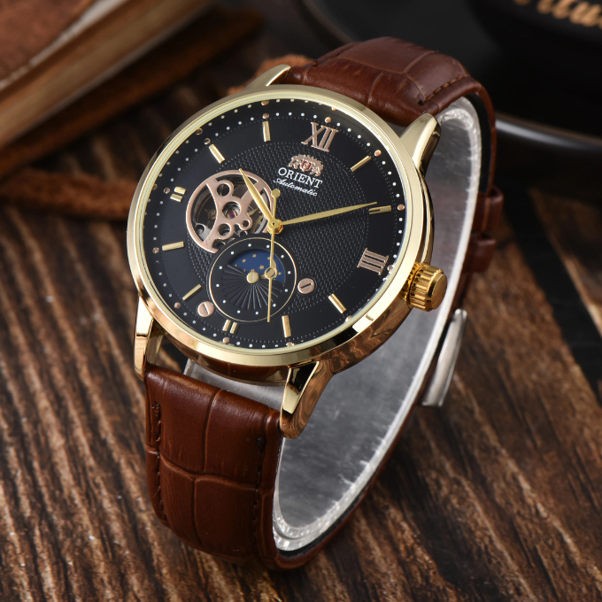 Elegant men's classic sun moon automatic leather watch, vintage style mechanical timepiece with intricate dial.
