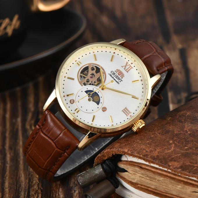 Men's automatic leather watch, classic sun & moon display, mechanical movement, perfect for men's accessories.