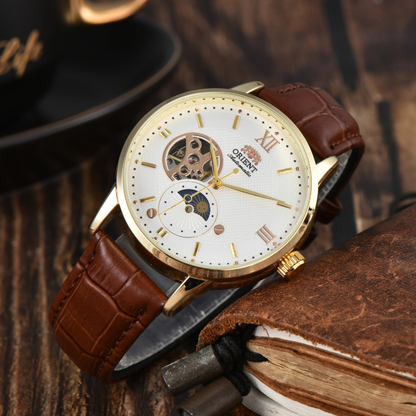 Men's automatic leather watch, classic sun & moon display, mechanical movement, perfect for men's accessories.