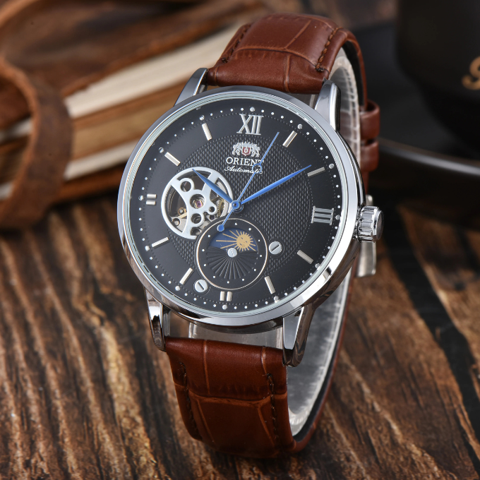 Full view of men's classic Sun & Moon automatic watch, genuine leather strap, stylish mechanical design.