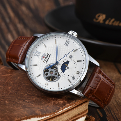 Luxury men's classic Sun & Moon automatic watch, genuine leather, ideal elegant gift for men.