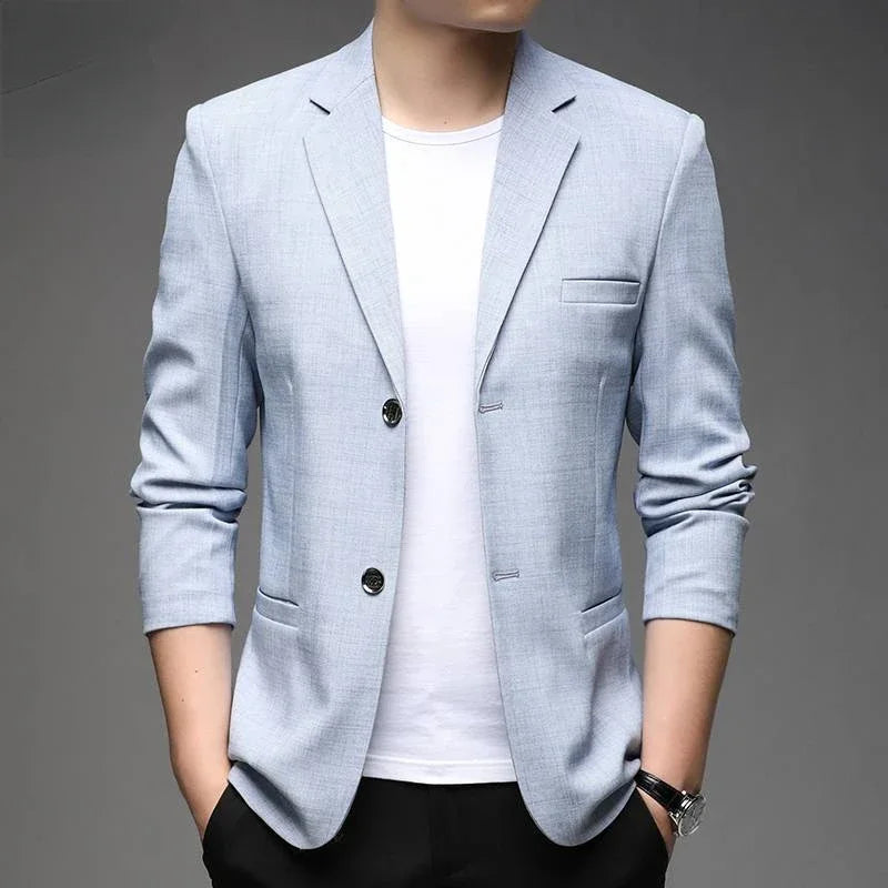 Men's classic tailored navy blazer, perfect for sharp business casual or formal wear. Elevate your style.