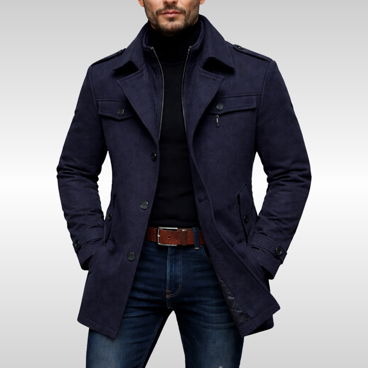 Sophisticated men's tailored overcoat, a timeless design for formal outerwear & warm winter layering.