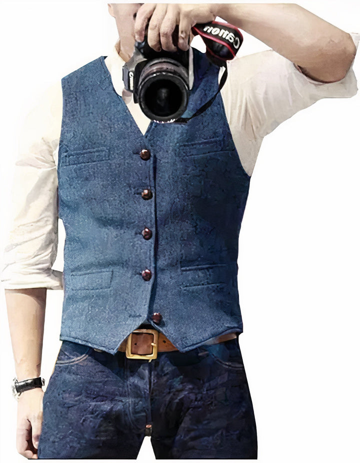 Elegant men's tailored vest styled for formal layering, adding a sharp, sophisticated touch to any suit.