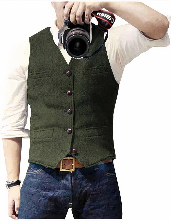 Versatile men's tailored vest, ideal for casual layering over a shirt, creating a smart yet relaxed look.