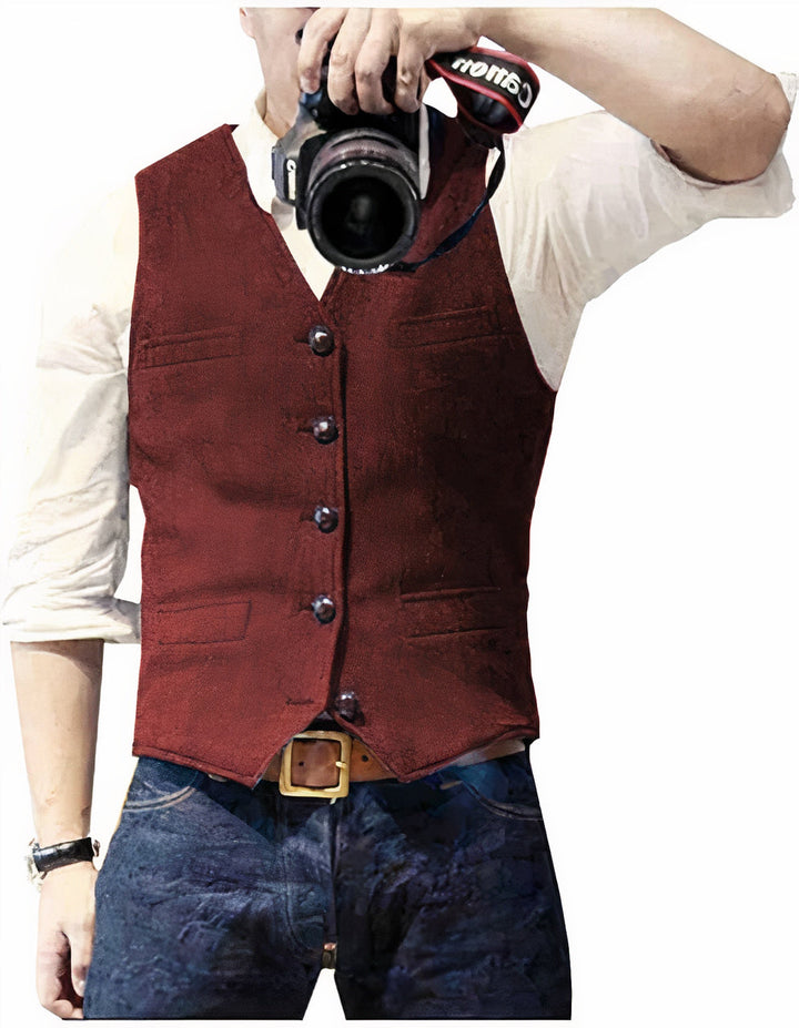 Stylish men's tailored vest on model, demonstrating a refined layered look for modern menswear fashion.