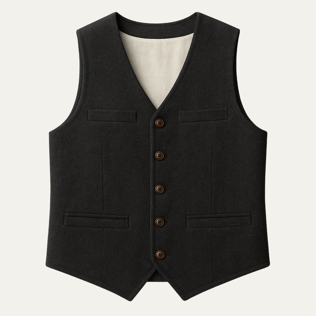 Men's classic tailored waistcoat in black, perfect for formal or business attire, featuring a button-up front.