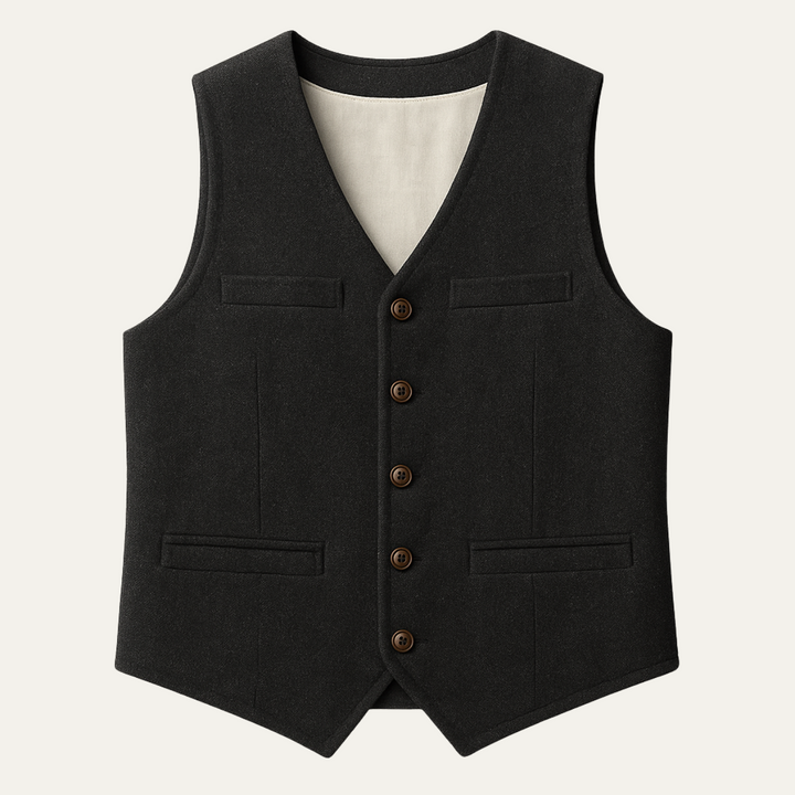 Men's classic tailored waistcoat in black, perfect for formal or business attire, featuring a button-up front.