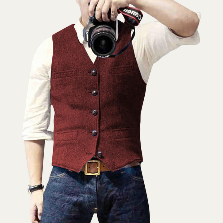 Professional men's tailored vest. A polished button-up waistcoat, essential menswear for business or formal events.