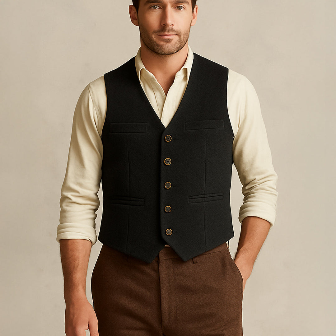 Elegant men's button-up vest, a versatile tailored piece for business or smart casual layered looks.