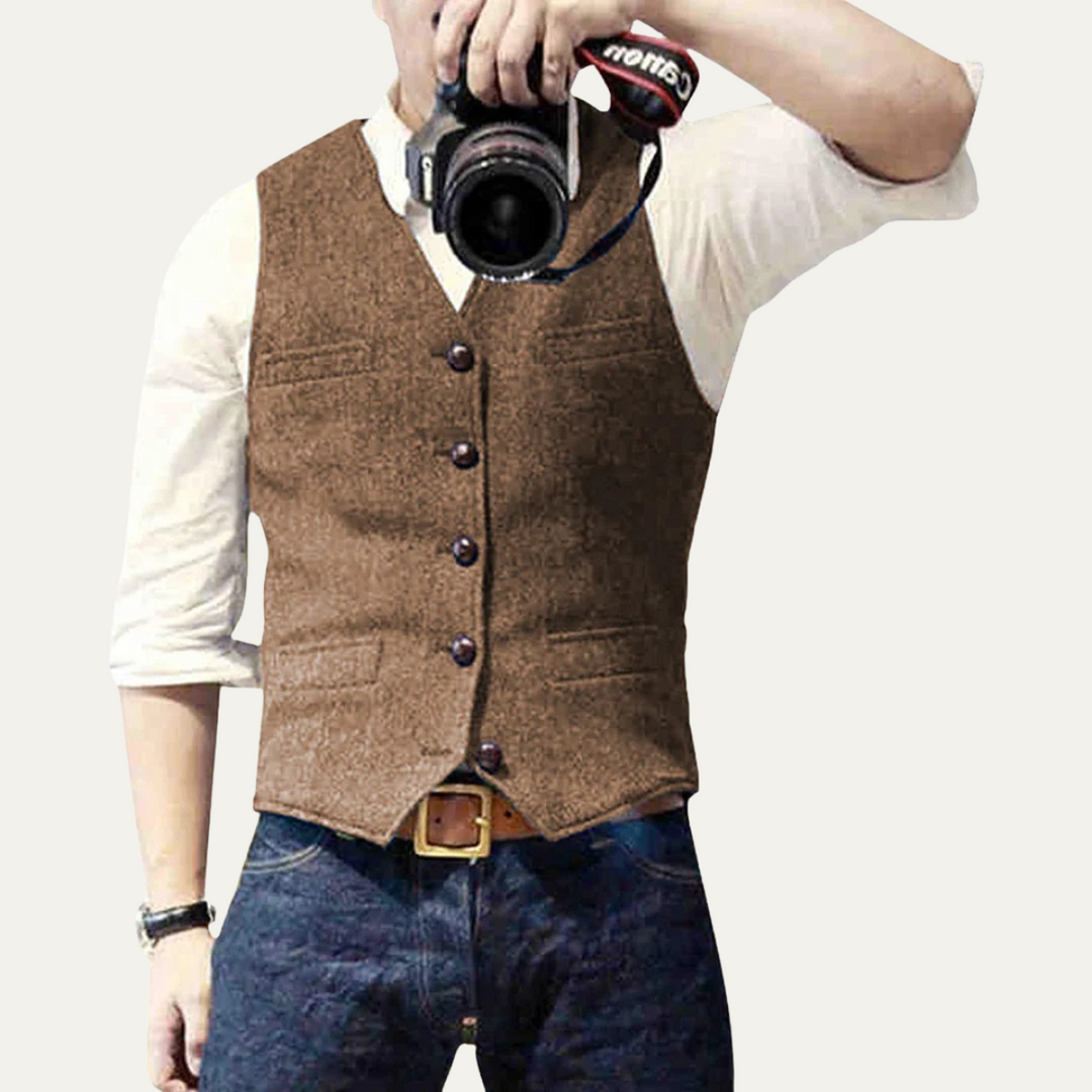 Modern formal men's tailored vest. A sharp button-up waistcoat for business meetings and special occasions.