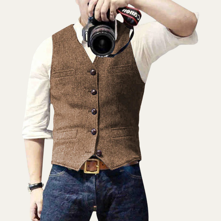 Modern formal men's tailored vest. A sharp button-up waistcoat for business meetings and special occasions.