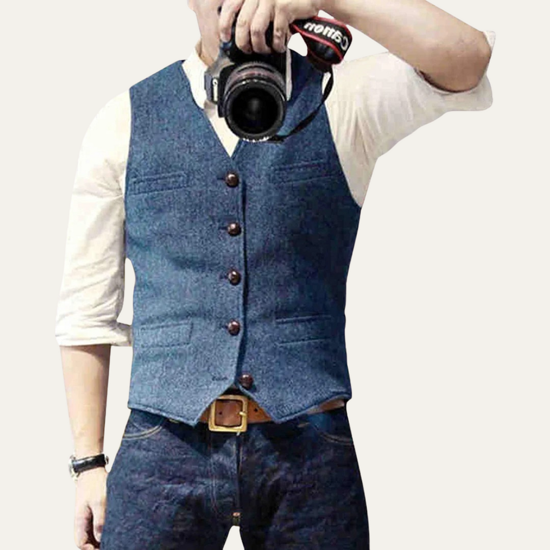 Classic men's tailored vest. A smart-casual button-up waistcoat, great for layering in various menswear styles.
