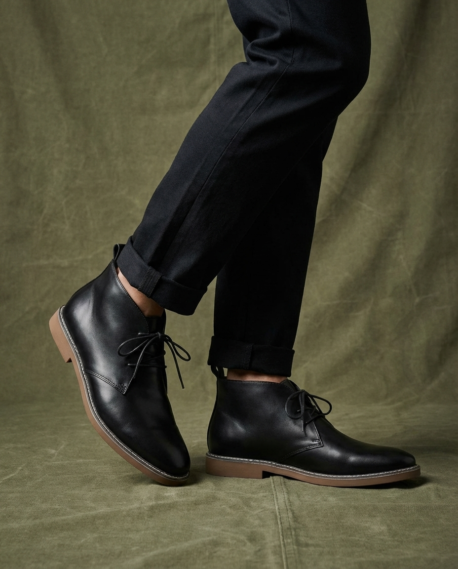Tan full-grain leather men's desert boots, durable and comfortable for casual wear or light work.