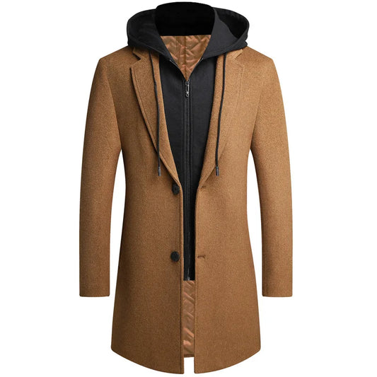 Men's classic trench coat with a detachable hood. Timeless sophisticated outerwear, perfect for cold weather.