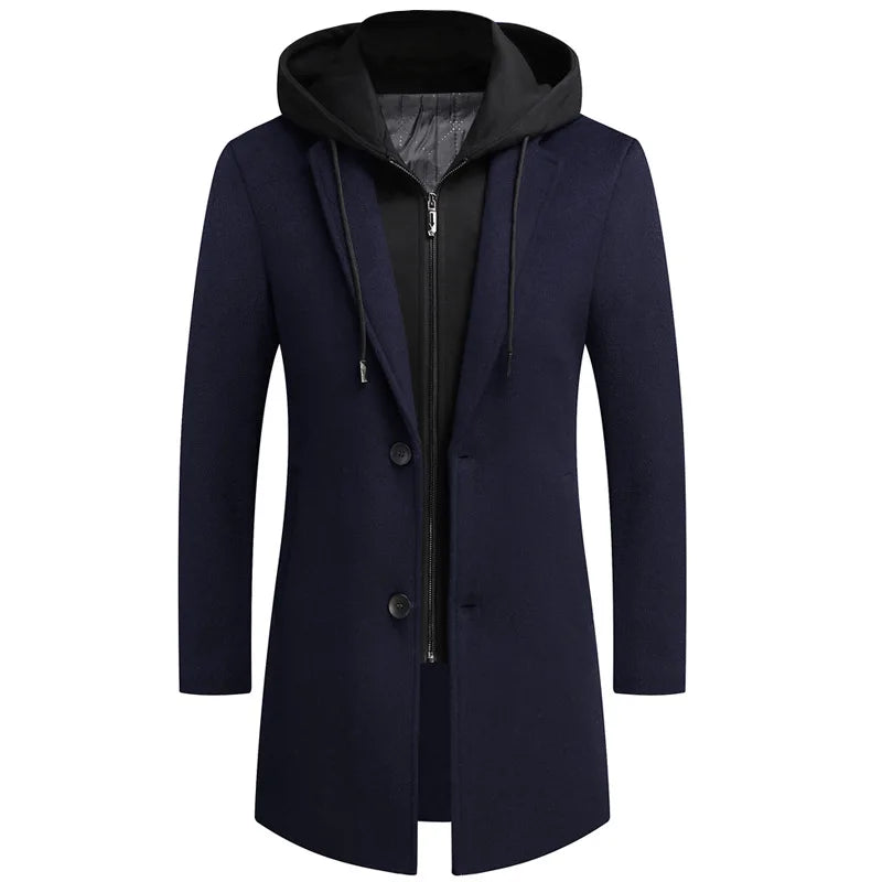 Close-up of the sophisticated men's trench coat with a detachable hood detail. Classic winter coat.