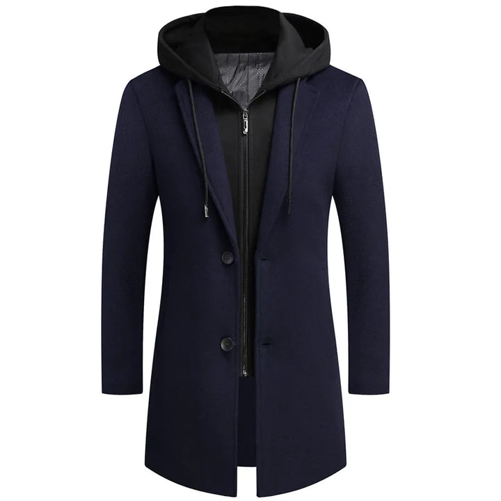 Close-up of the sophisticated men's trench coat with a detachable hood detail. Classic winter coat.
