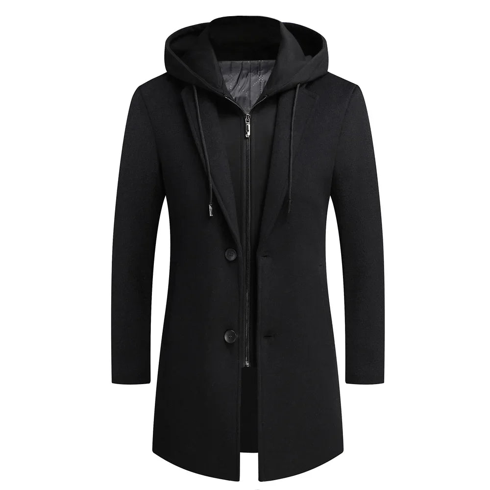 Men's fashion: long trench coat, a classic style overcoat with a detachable hood. Ideal men's apparel.