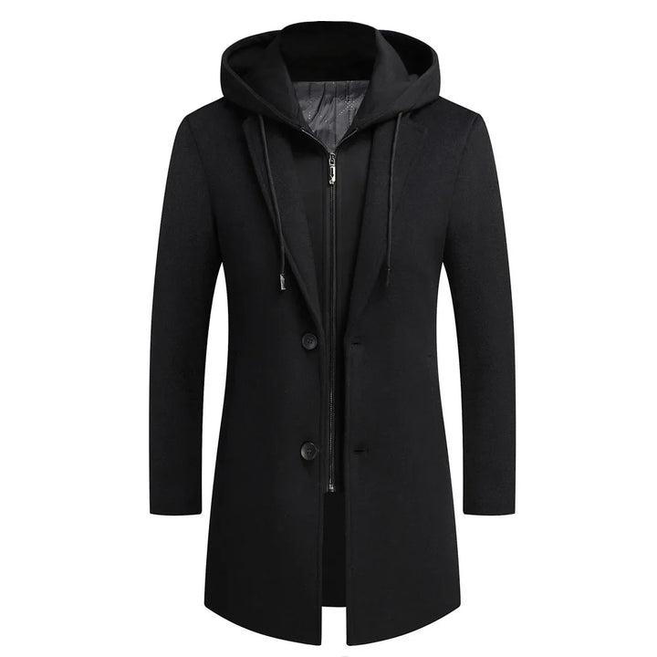 Men's fashion: long trench coat, a classic style overcoat with a detachable hood. Ideal men's apparel.
