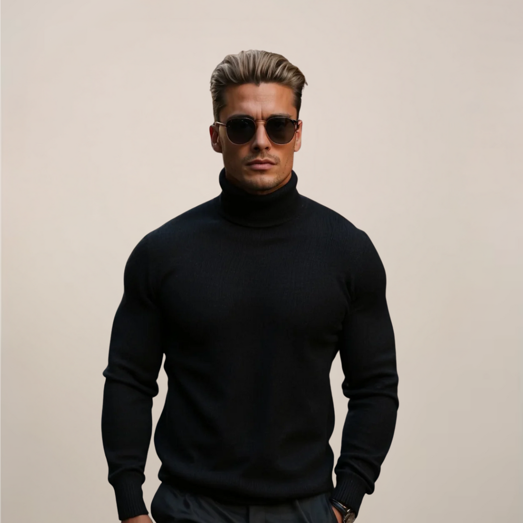 Men's classic turtleneck sweater in a versatile solid color, ideal for fall & winter smart casual layering.