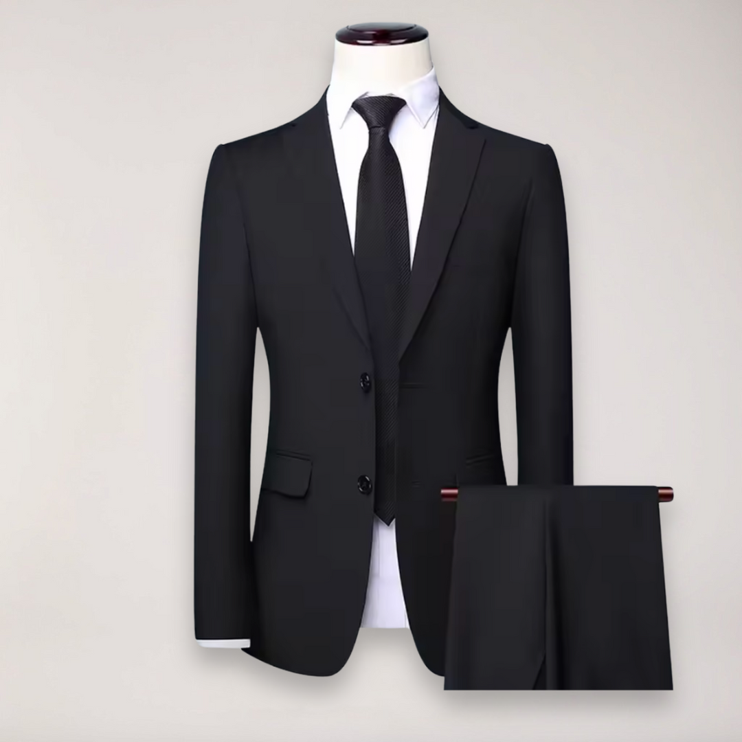 Men's classic two-piece formal suit, tailored blazer & trousers for business, weddings & elegant events.