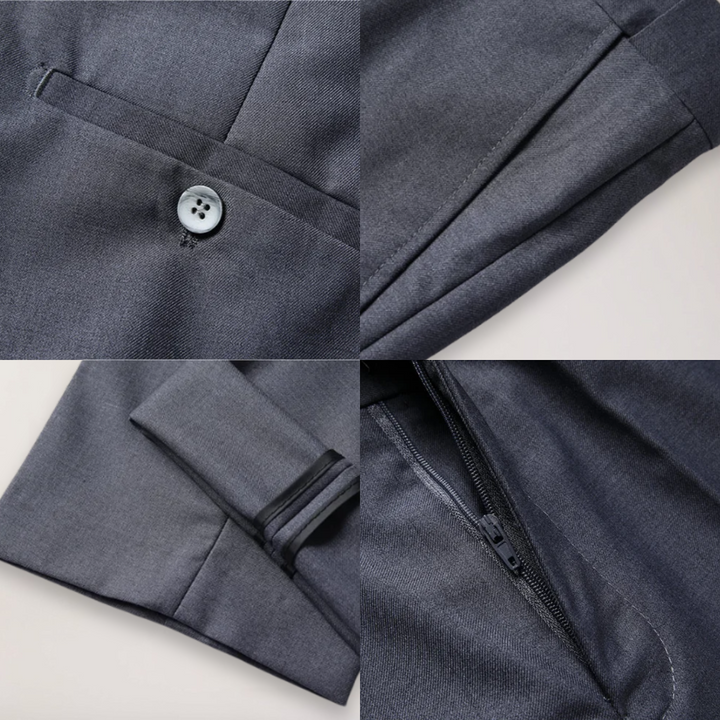 High-quality fabric detail of a men's elegant suit, showcasing the texture of the blazer & trousers.