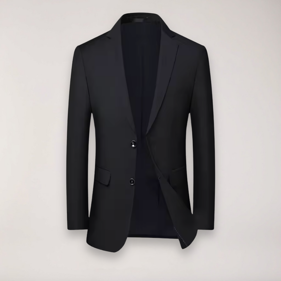Full shot of a men's classic formal suit, displaying the elegant fit of blazer & matching trousers.