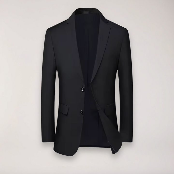 Full shot of a men's classic formal suit, displaying the elegant fit of blazer & matching trousers.