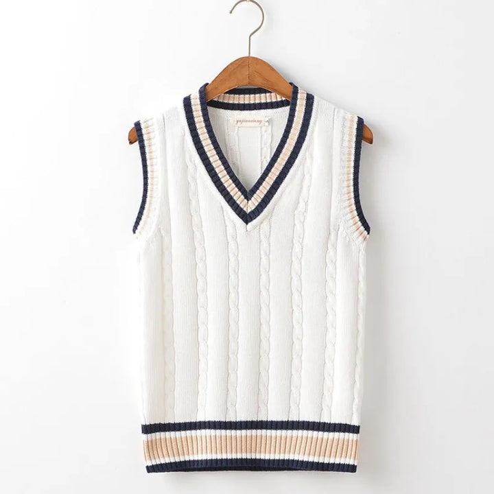 Comfortable men's knit V-neck sleeveless sweater, ideal for casual wear & adding a classic touch to outfits.