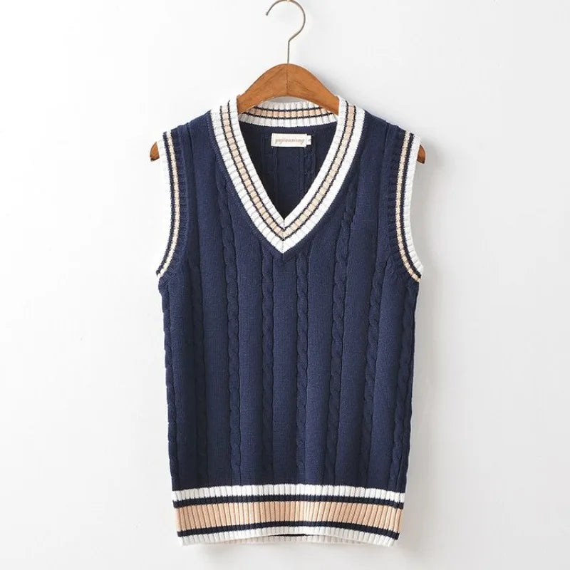 Stylish men's V-neck knit vest, a perfect layering piece for cool weather, enhancing any smart-casual look.