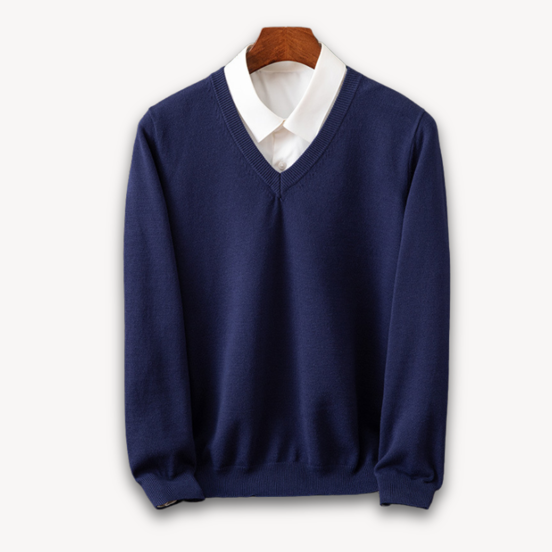 Men's slim-fit V-neck sweater, long sleeve, offering a modern & sleek profile for any occasion.