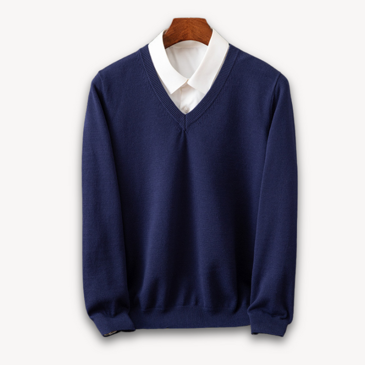 Men's slim-fit V-neck sweater, long sleeve, offering a modern & sleek profile for any occasion.