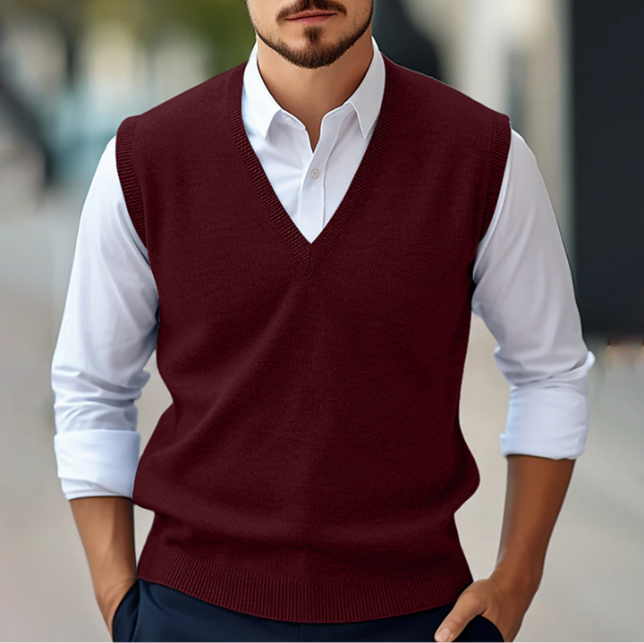 Men's classic V-neck sweater vest, ideal for polished smart casual or formal layering. Stylish and versatile.