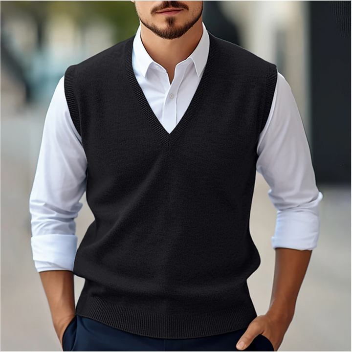 Versatile men's V-neck sweater vest, an essential sleeveless layer for creating elegant smart casual or formal attire.