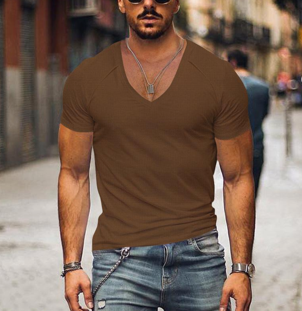 Man wearing a comfortable short-sleeve V-neck t-shirt, showcasing versatile style for casual outfits.