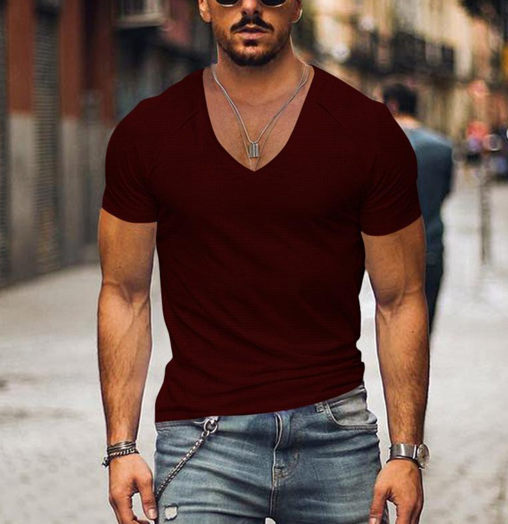 Front view of a men's basic V-neck t-shirt, a summer essential offering comfort & effortless casual style.