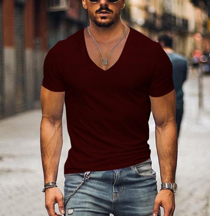 Front view of a men's basic V-neck t-shirt, a summer essential offering comfort & effortless casual style.