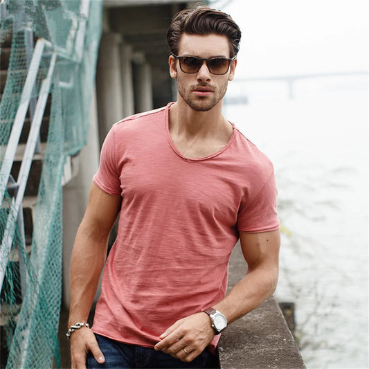 Men's classic V-neck tailored shirt, slim fit, short sleeve, comfortable for everyday casual wear.