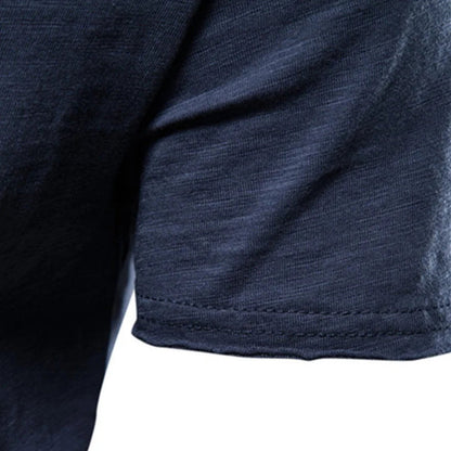 Side profile of a men's classic V-neck tailored shirt, slim fit, short sleeve, versatile for everyday comfort.