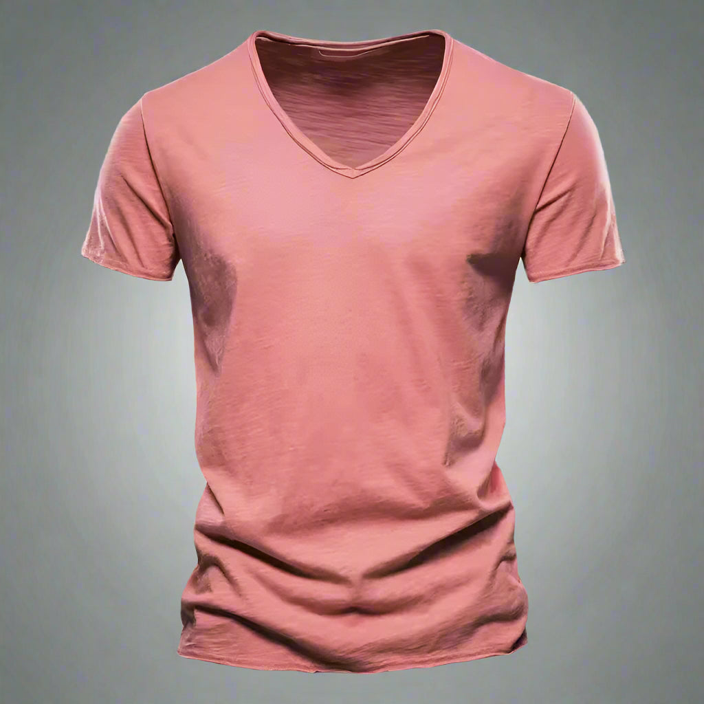 Close-up of soft fabric on a men's V-neck tailored shirt, slim fit, comfortable and versatile for daily wear.
