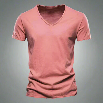 Close-up of soft fabric on a men's V-neck tailored shirt, slim fit, comfortable and versatile for daily wear.