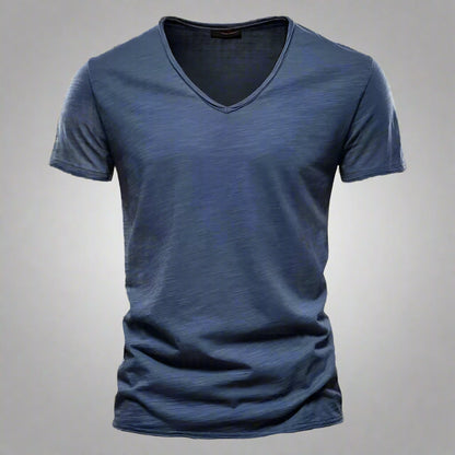 Men's casual V-neck shirt, tailored slim fit, short sleeve, providing everyday comfort and versatile style.