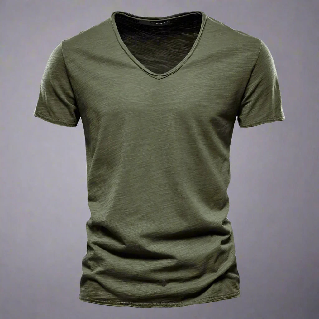 Stylish men's classic V-neck tailored shirt, short sleeve slim fit, perfect for smart casual versatility.