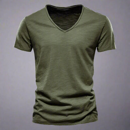 Stylish men's classic V-neck tailored shirt, short sleeve slim fit, perfect for smart casual versatility.