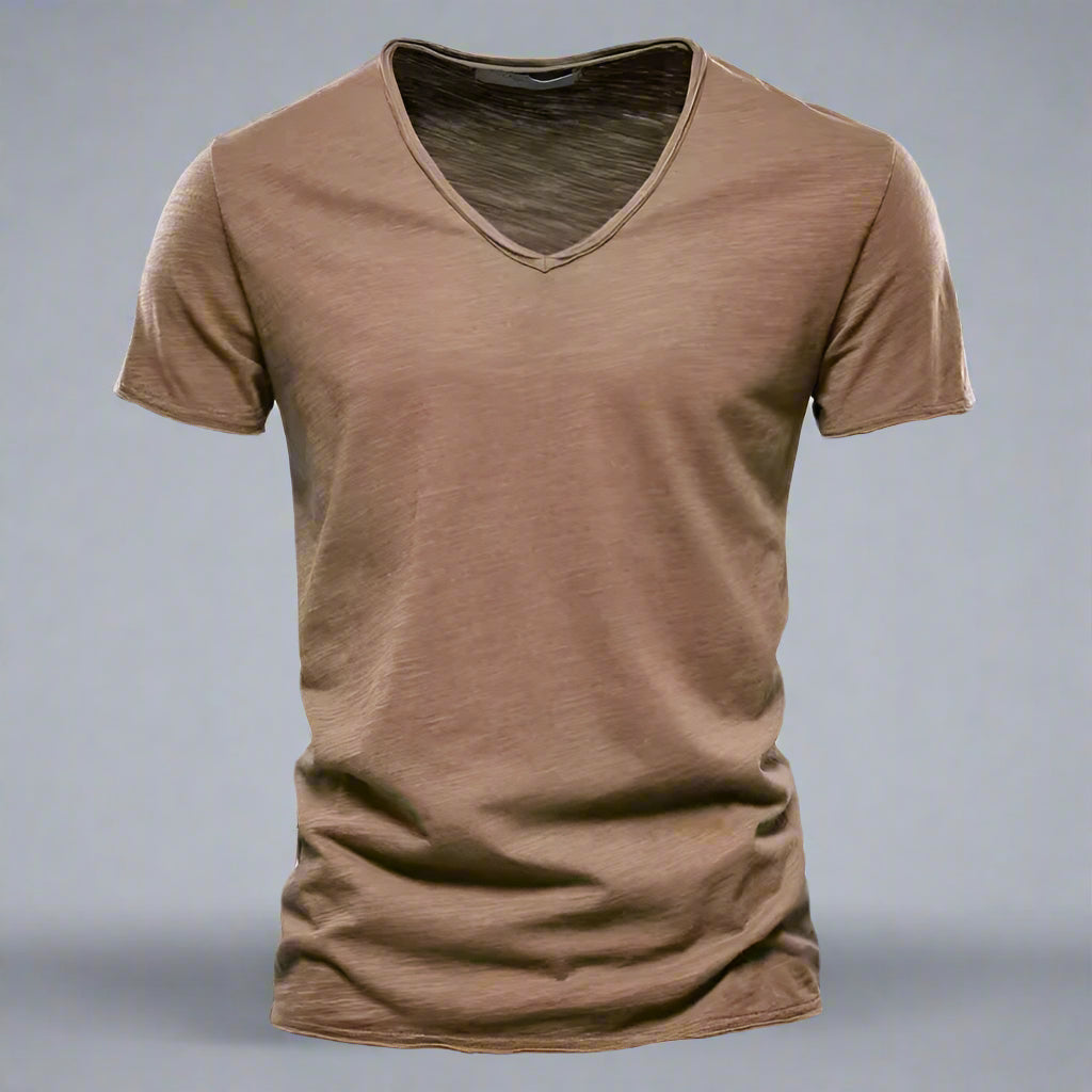 Back view of men's classic V-neck shirt, tailored slim fit, short sleeve, comfortable for versatile everyday wear.