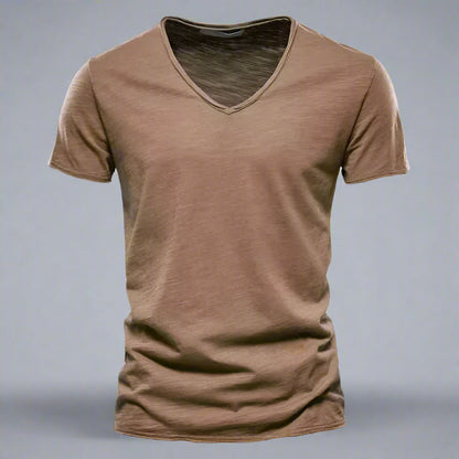 Back view of men's classic V-neck shirt, tailored slim fit, short sleeve, comfortable for versatile everyday wear.