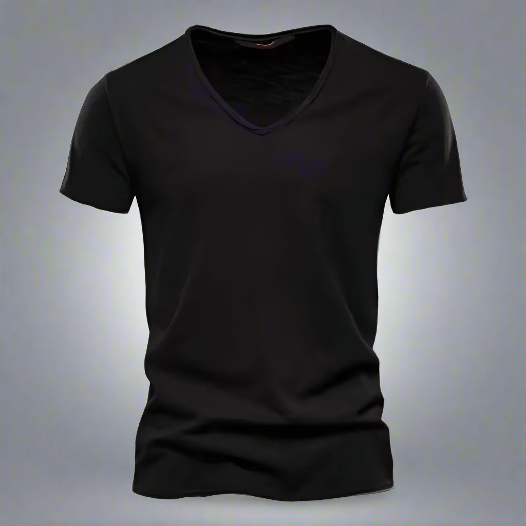 V-neck and short sleeve detail on a men's classic tailored shirt, slim fit, comfortable for casual style.