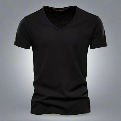 V-neck and short sleeve detail on a men's classic tailored shirt, slim fit, comfortable for casual style.