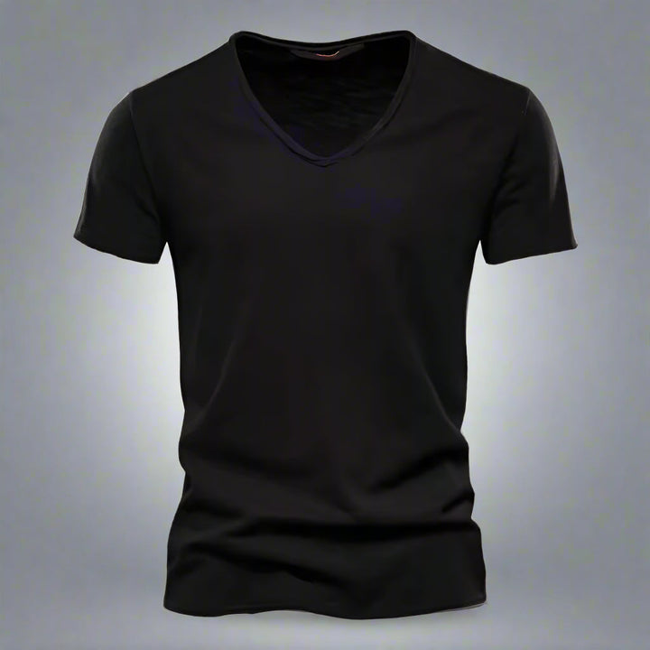 V-neck and short sleeve detail on a men's classic tailored shirt, slim fit, comfortable for casual style.