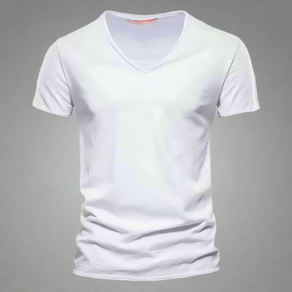 Neatly folded men's classic V-neck tailored shirt, slim fit, short sleeve, ideal for comfortable, casual wear.